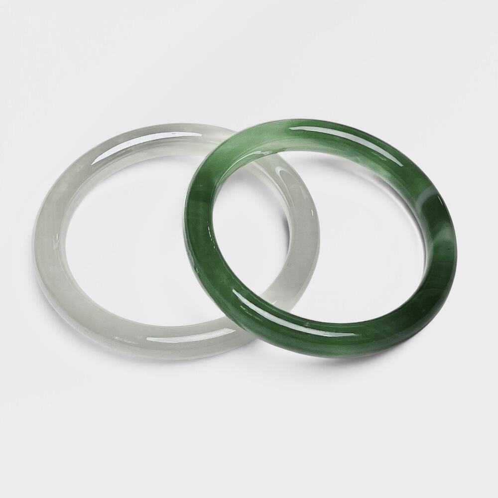 Art Glass Bangle Bracelets Lot 2 Green Creamy Gray White Boho Stackable Sleek